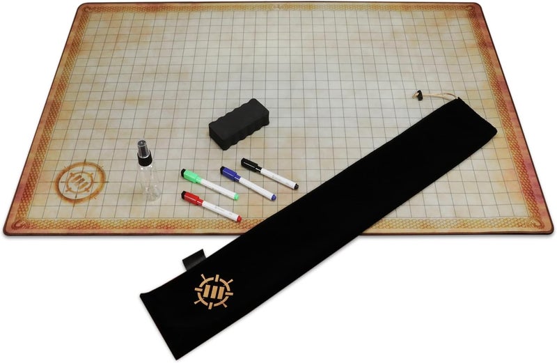 ENHANCE Deluxe RPG Grid Mat - DND Map (24x36in) with Premium Rubber, Non-Slip Grip, No Creasing - Dry Erase DND Mat Set for Masters and Starters, Erasable Parchment with Travel Pouch, Marker Set - Image 1